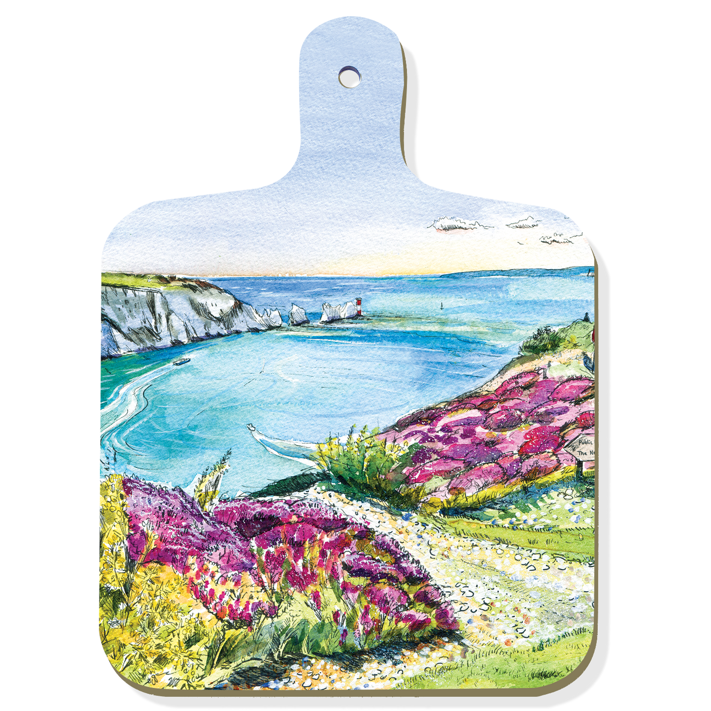 339 - Chopping Board small  featuring Heather on Headon Warren and the Needles behind.