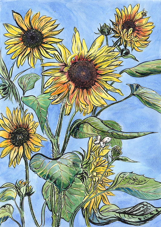 460 - Sunflowers against a china blue sky - Giclée print