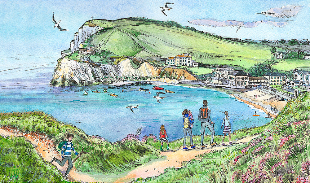 471 - Family stroll at Freshwater Bay - Print mounted to A4