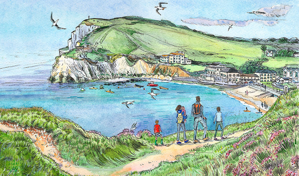 471 - Family stroll at Freshwater Bay with Boys - Print mounted to A4