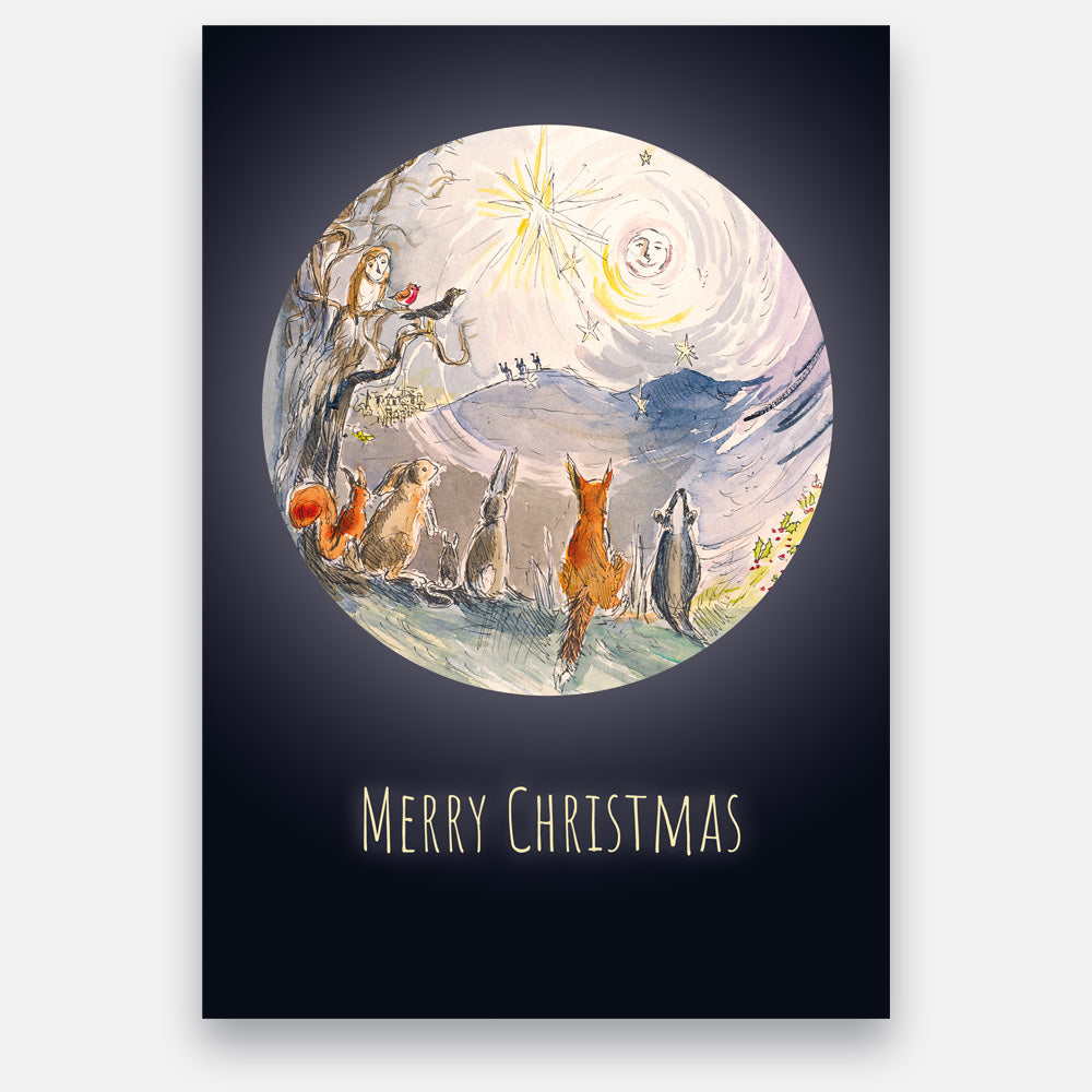 Card - Woodland creatures gather in wonder<br>to gaze at the bright star