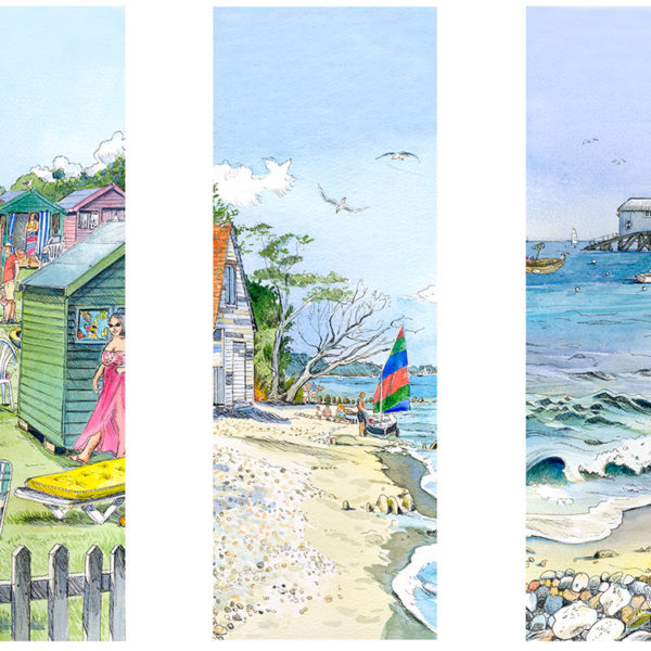 three images of Lanes End Bembridge with the lifeboat pier, beach huts and Ducie Beach