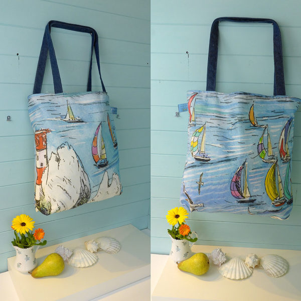 tote bag with printed yachts, Needles lighthouse and spinnakers on Isle of Wight