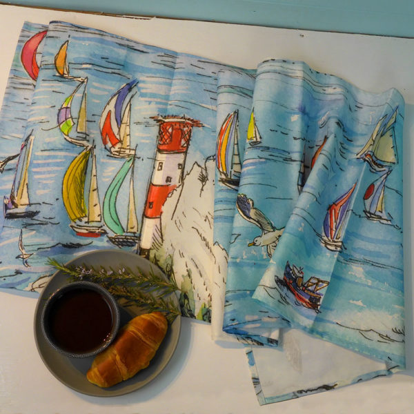 Yachts racing round the Needles on the Isle of Wight printed onto a table runner