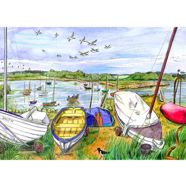 oystercatchers and wooden dinghies at serene Newtown National Trust reserve, Isle of Wight