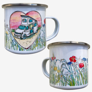 an enamel mug with a vw T6 at sunset and wild flowers