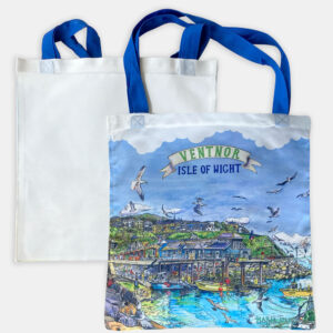 a painting of Ventnor harbour printed onto a bag