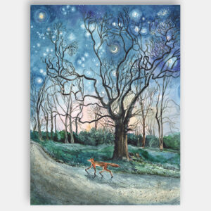 painting of a fox in the moonlight with trees