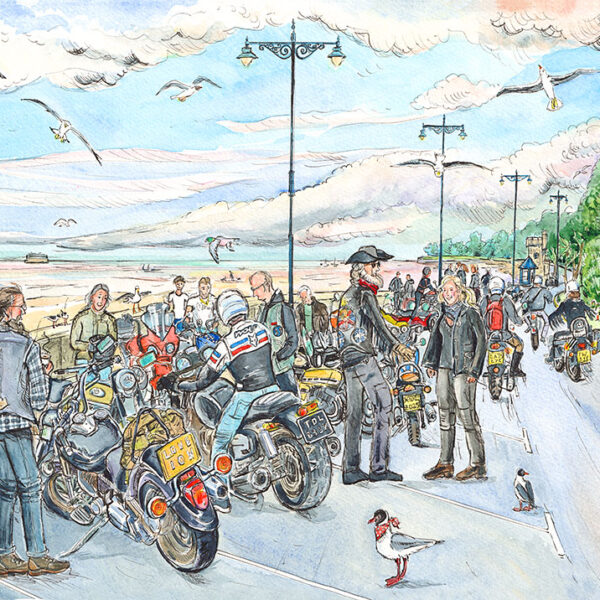 Painting of Monday motorbike meet at Ryde on the isle of wight